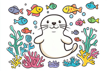 Fototapeta premium Cute seal surrounded by colorful fish and vibrant coral reefs