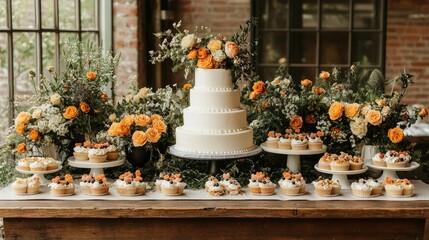 White cake and cupcakes displayed on table for party indoors with plants.