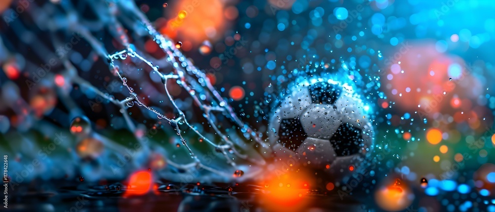 Poster a dynamic soccer ball splashing through a wet goal net with vibrant bokeh lights in a dramatic sport