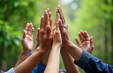 Diverse business team celebrates success with high fives outdoors. Multiethnic colleagues collaborate, support. Teamwork, friendship core values. Raise arms together in unity showing powerful