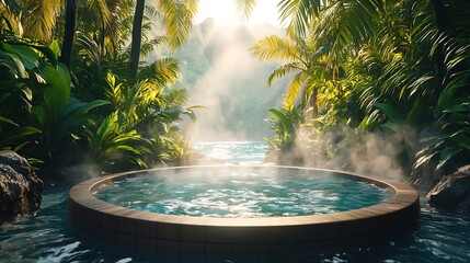A luxurious hot tub surrounded by vibrant tropical plants and tall palm trees, steam rising gently into the warm air, with a serene ocean visible in the background,