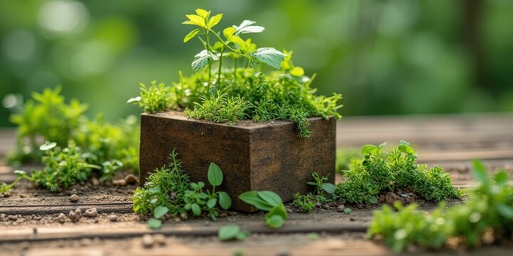 Tiny Garden in a Wooden Box: A small wooden box overflowing with vibrant green moss and tiny plants, capturing a moment of natural beauty and tranquility. 