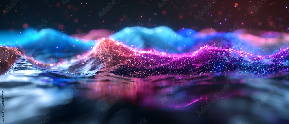 Poster abstract colorful wave pattern with glowing particles and reflections in water at night creating a d