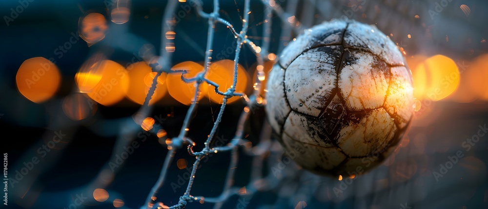 Poster close-up of a soccer ball hitting the net in dramatic sunset light with bokeh effect and sparkling w
