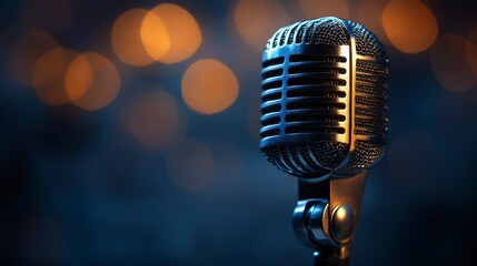 Vintage microphone on stage with bokeh lights. (2)