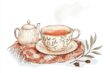 Fototapeta premium vintage tea set with steaming cup and teapot on cozy mat