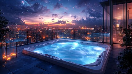 A luxurious hot tub with glowing underwater lights, set on a penthouse rooftop with a clear glass railing, offering an expansive view of a beautifully lit city skyline under a starry night sky,