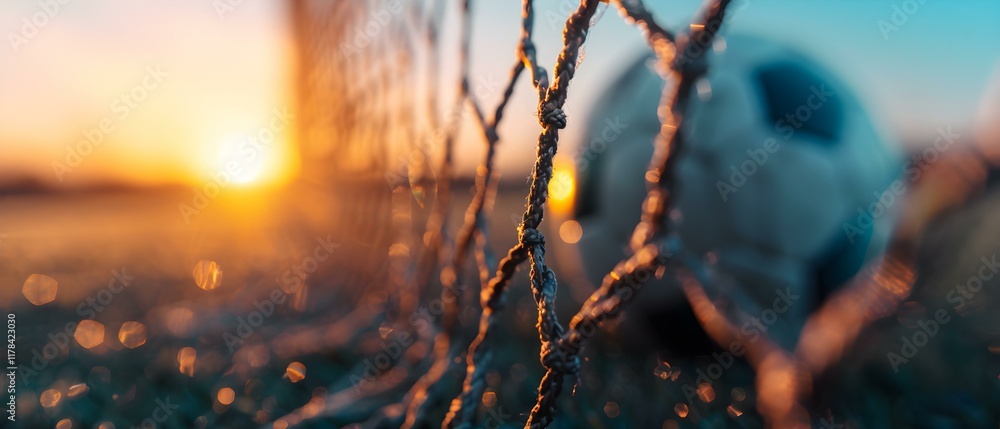 Poster close-up view of a soccer ball resting near a goal net at sunset with soft warm light in the backgro