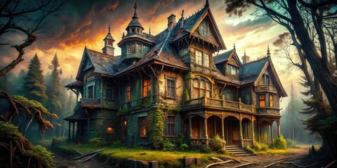 Fototapeta premium Ancient Haunted House Macro Photography AI Art, Spooky Mansion Close-up, Eerie Details