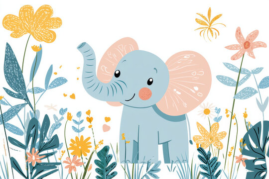 Cute elephant illustration surrounded by colorful flowers and greenery