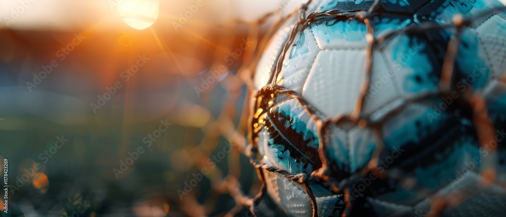 Poster close-up view of soccer ball entangled in goal netting with sunlight glimmering at dusk