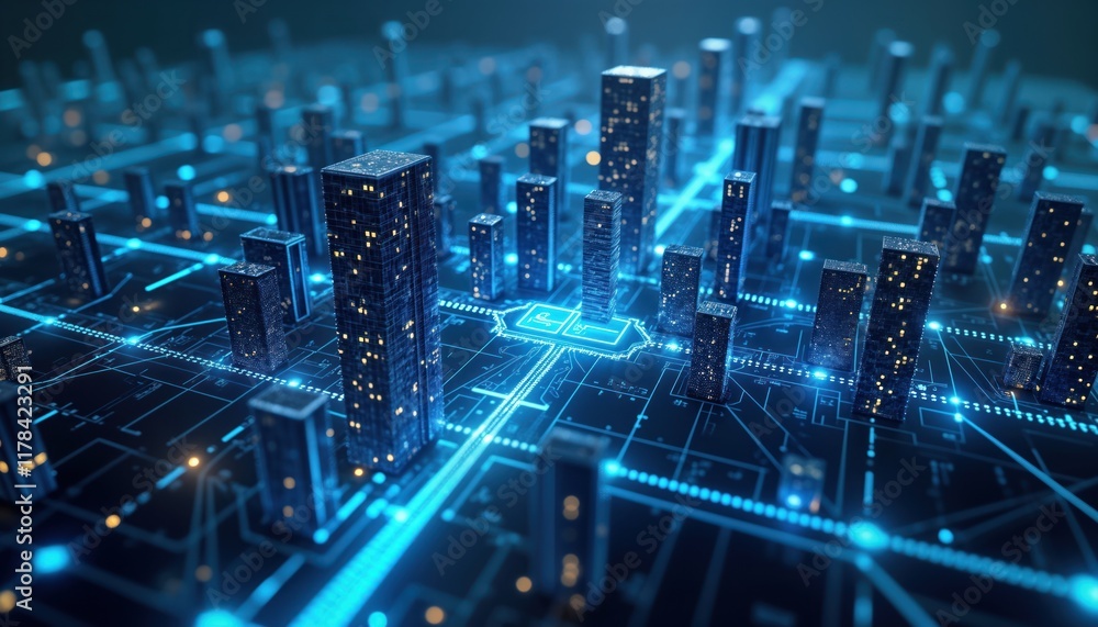 Aufkleber Futuristic smart city. Connected buildings form tech cityscape. Intelligent infrastructure networks visible. Digital pathways, glowing connections showcase IoT integration, 5G tech. Aerial view