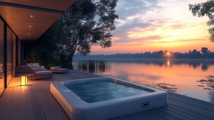 A luxurious infinity hot tub on a modern deck seamlessly blending with the edge of a serene lake, surrounded by soft lighting and minimalist furnishings,