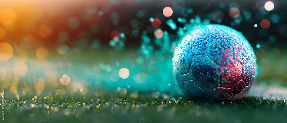 Poster glittering soccer ball on a field with colorful bokeh lights and sparkling effects