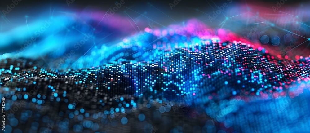 Poster abstract digital landscape with glowing particles in vibrant colors creating a futuristic atmosphere