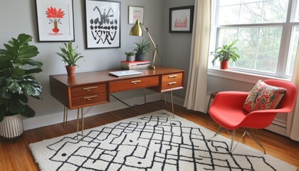 Mid-century home office, desk, work, plants, window, rug, design, interior