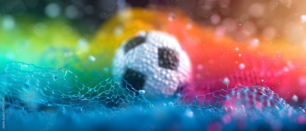 Poster colorful abstract background with soccer ball and netting in a dynamic playful atmosphere