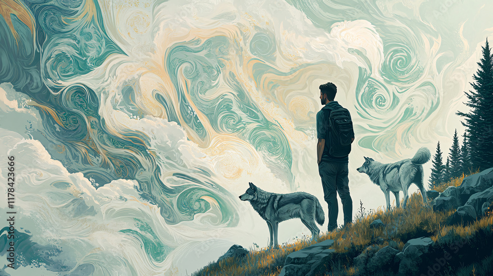 Poster an environmentalist tracking wild wolves, with flowing patterns representing the balance between con