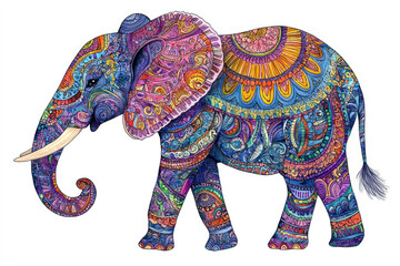 Colorful elephant illustration with intricate patterns and designs