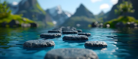 Serene Mountain Landscape with Stone Pathway Over Crystal Clear Water in Tranquil Nature Setting