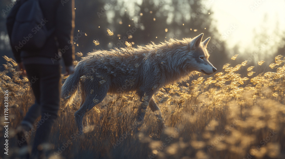 Poster an environmentalist tracking wild wolves, with flowing patterns representing the balance between con