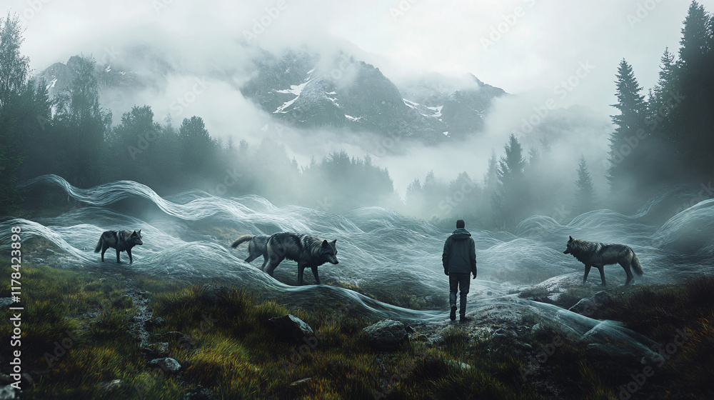 Poster an environmentalist tracking wild wolves, with flowing patterns representing the balance between con