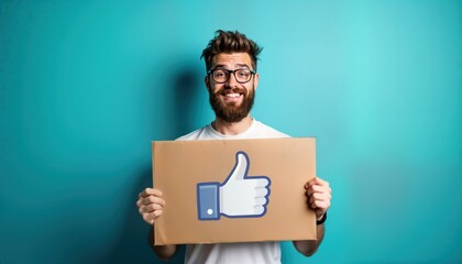 Young man with beard holds cardboard sign with social media like symbol. Happy expression on face. Studio shot on light blue background. Possible topics include social media engagement marketing