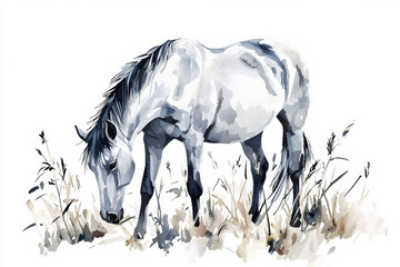 beautiful watercolor illustration of horse grazing in field