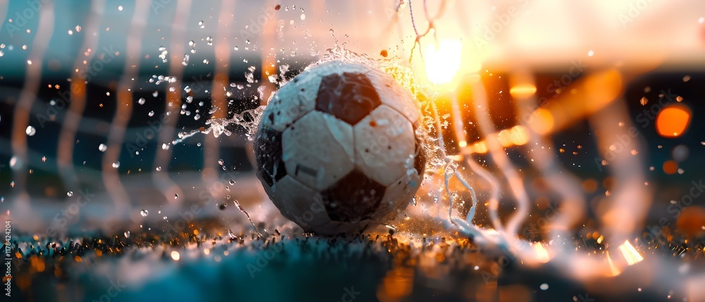 Aufkleber dynamic action shot of soccer ball splashing through goal net with sunlight reflection at sunset