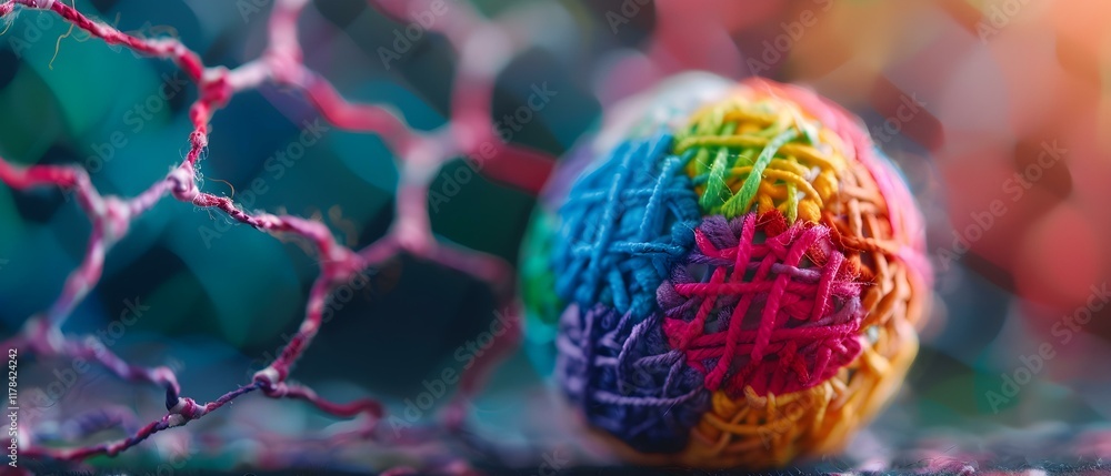 Poster colorful yarn ball on a soft background with delicate netting and a warm glow