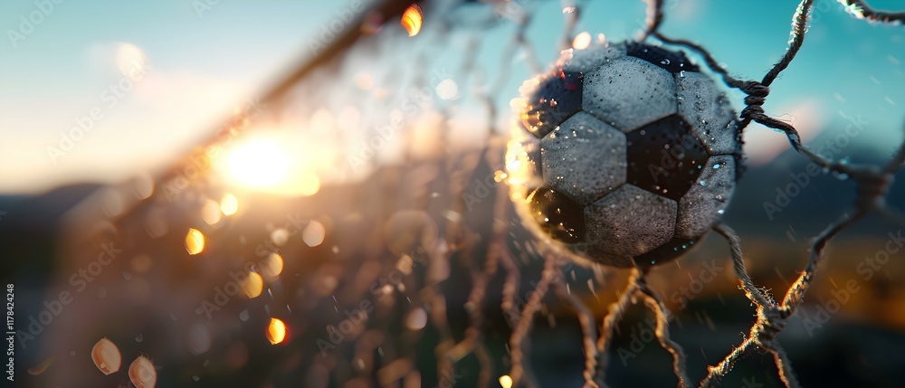 Poster close-up of soccer ball in goal net with sunrise and bokeh effect in the background