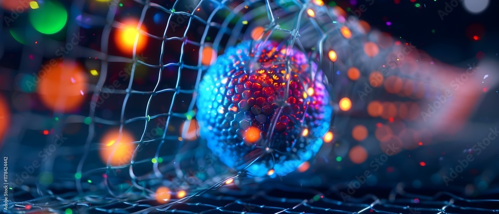 Poster abstract luminous sphere with vibrant colors and soft bokeh effect in a dynamic mesh background