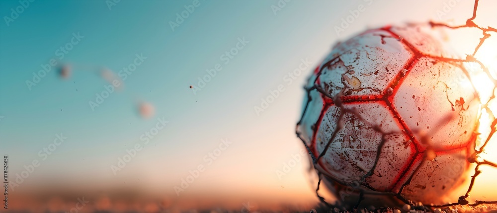 Poster Close-Up of a Weathered Soccer Ball on a Sunlit Field with Blurred Background and Soft Bokeh Effects