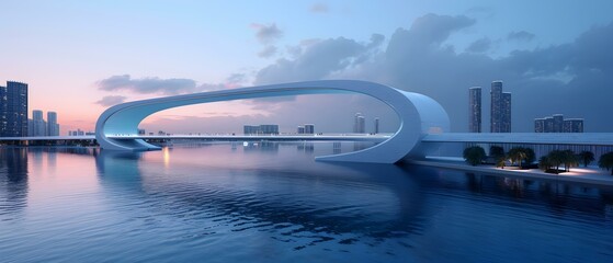 Naklejka premium Modern Futuristic Bridge Design Spanning Water with City Skyline at Dusk