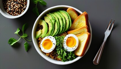 Healthy Breakfast Bowl with Avocado, Eggs, Toast, and Fresh Herbs on Gray Surface