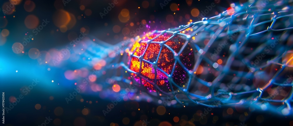 Poster abstract representation of a glowing sphere trapped in a digital mesh network creating a mesmerizing