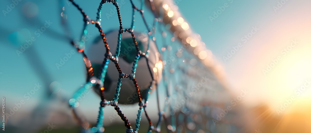 Poster close-up of a soccer ball in the goal net with sunlight creating a beautiful bokeh effect in the bac