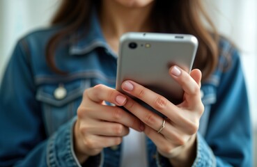 Close-up of Asian woman using smartphone. Female hands hold, use modern mobile phone. Possible activities include chatting, online shopping banking. Casual lifestyle of young person interacting with