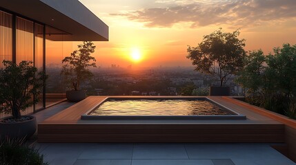 Fototapeta premium A minimalist rooftop terrace with a rectangular hot tub, bordered by sleek wooden panels and minimalist potted plants, with the warm hues of a setting sun reflected on the water’s surface,
