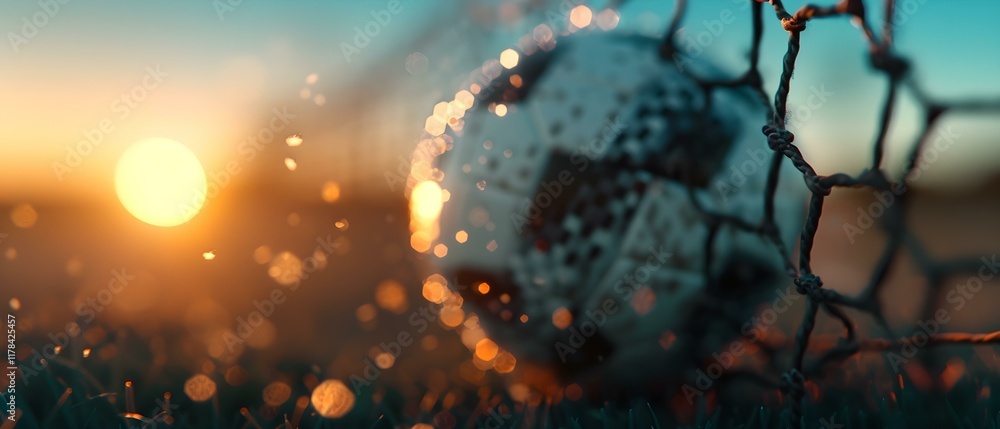 Aufkleber soccer ball in goal net during sunset with bokeh effect and water droplets on grass field creating a