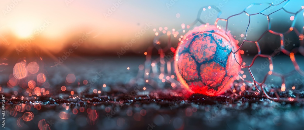 Poster colorful soccer ball rolling towards net at sunset with sparkling background and glowing effects