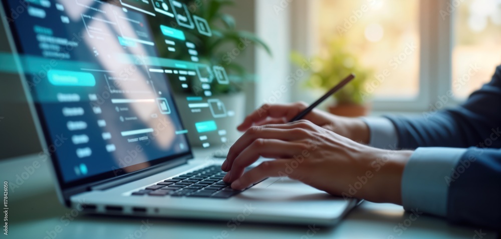 Poster business person working on laptop. person uses laptop to manage tasks, fill online forms. person use