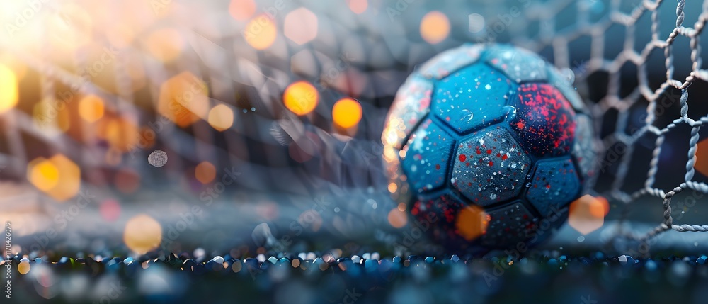 Poster close-up of a colorful soccer ball nestled in a net with blurred background and bokeh lights