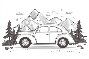 hand drawn illustration of retro car in mountainous landscape