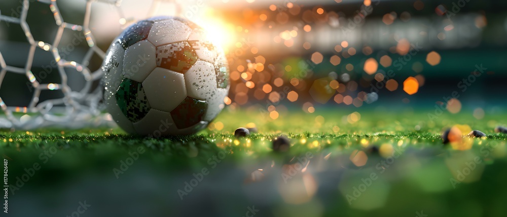 Poster close-up of wet soccer ball on grass field with glowing background and bokeh effect in bright settin