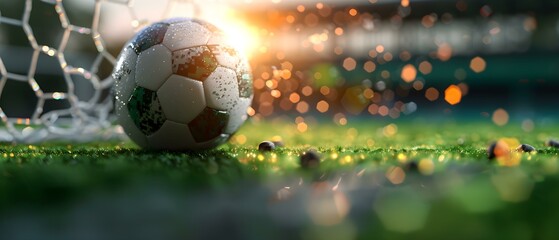 Fototapeta premium Close-Up of Wet Soccer Ball on Grass Field with Glowing Background and Bokeh Effect in Bright Setting Sun