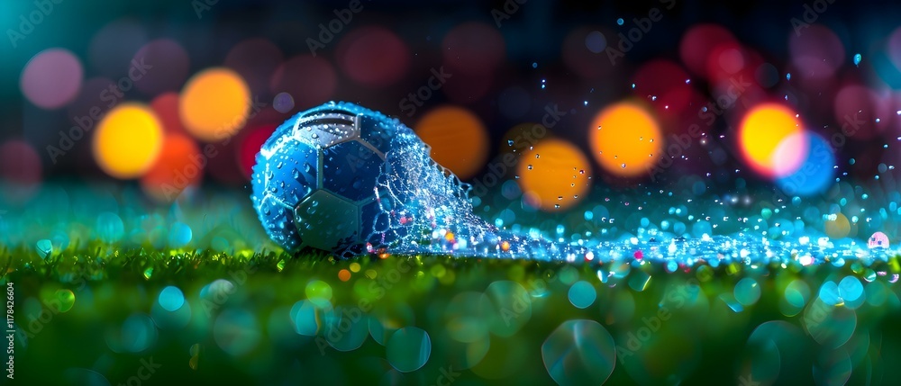 Poster dynamic soccer ball in motion with splashing water against blurred colorful bokeh background