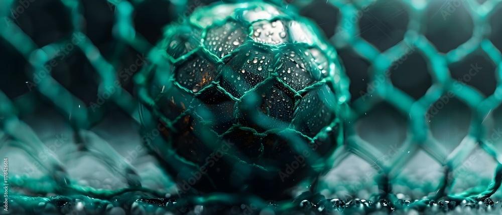 Aufkleber close-up capture of a handball surrounded by a wet green goal net with droplets reflecting light