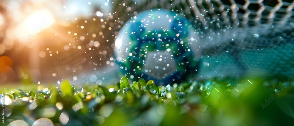 Aufkleber close-up view of soccer ball in the net with water droplets and sunlight background in a green field
