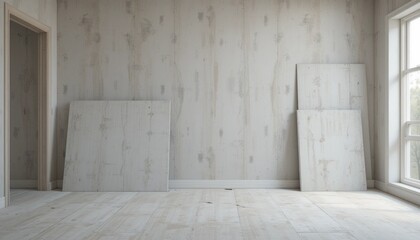 If you look closely you can see the grainy surface of the drywall sheets as they lean against one another in a peaceful vacant room awaiting transformation.